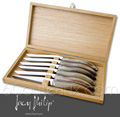 Laguiole VENUS by Jean-Philip - Box of 6 Laguiole knives - Marbered BLOND TIP HORN handel and stainless steel blade - delivered in Oak wooden box 