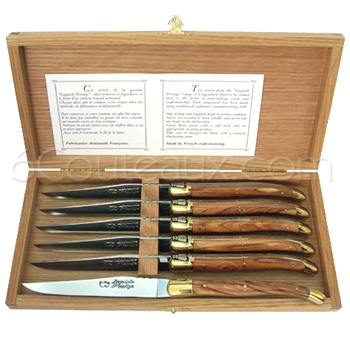 Au Sabot knives, Boxes Laguiole olive wood handle steak knives brass bolsters