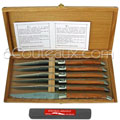 Coffret cadeau bois 6 couteaux de table Laguiole Au Sabot manche olivier mitres et lame inox satin�  fourni avec une pierre naturelle &agrave; aiguiser sp&eacute;ciale couteaux Laguiole