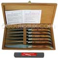 Coffret cadeau bois 6 couteaux de table Laguiole Au Sabot manche loupe de gen&eacute;vrier mitres et lame inox satin�  fourni avec une pierre naturelle &agrave; aiguiser sp&eacute;ciale couteaux Laguiole