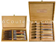 2 Coffrets cadeaux de 6couteaux et 6 fourchettes laguiole  lame-fourchette-mitres-platines tout en acier inoxydable  les manches sont en olivier-buis-�b�ne-palissandre-bois de rose-amourette livr� en 2 coffrets bois ch�ne 