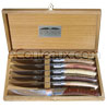 Couteaux THIERS PIROU manche bois pr�cieux multi essences  Amourette-Cade-Violette-Buis-Rose-Olivier  Coffret cadeau en ch�ne de 6 couteaux 
