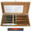 Coffret cadeau bois 6 couteaux de table Laguiole Au Sabot manche olivier 2 mitres laiton - lame inox polie  fourni avec une pierre naturelle &agrave; aiguiser sp&eacute;ciale couteaux Laguiole