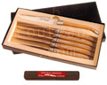 Coffret cadeau noir 6 couteaux de table Laguiole Au Sabot manche loupe de gen&eacute;vrier mitres et lame inox satin�  fourni avec une pierre naturelle &agrave; aiguiser sp&eacute;ciale couteaux Laguiole