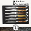 Fonderie de Laguiole: ensemble de 6 couteaux laguiole lame mitres et platines en acier inoxydable bross�  les manches sont en ch�ne olivier noyer buis pistachier cade  livr� en coffret cadeau noir 