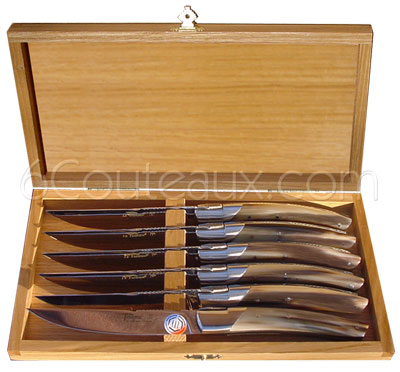 corne BRUNE flamm�e - Coffret 6 couteaux Thiers PIROU manches corne
