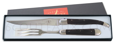 Forge de Laguiole BLACK HORN carving set, bright stainless steel blade and bolsters