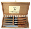 Coffret ch�ne 6 couteaux de table Le Thiers Au Sabot manche loupe de gen�vrier  mitre et lame inox satin� 