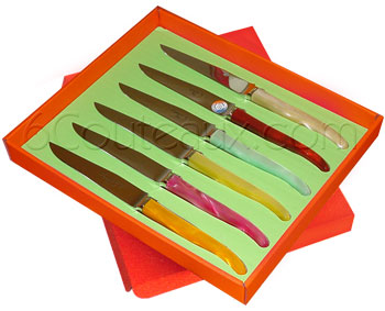 Laguiole knives, Box 6 Laguiole colored acrylic steak knives