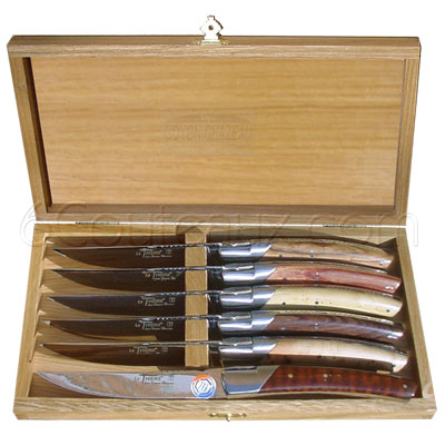 Le Thiers knives, Box 6 PIROU Thiers different species handle steak knives