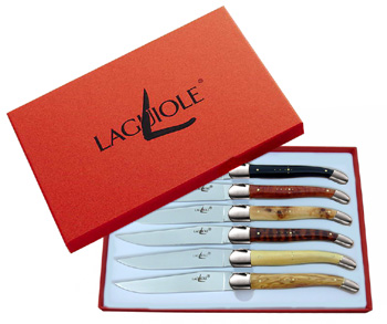 Forge de Laguiole knives, Box 6 milti woods steak knives, stainless steel bolsters